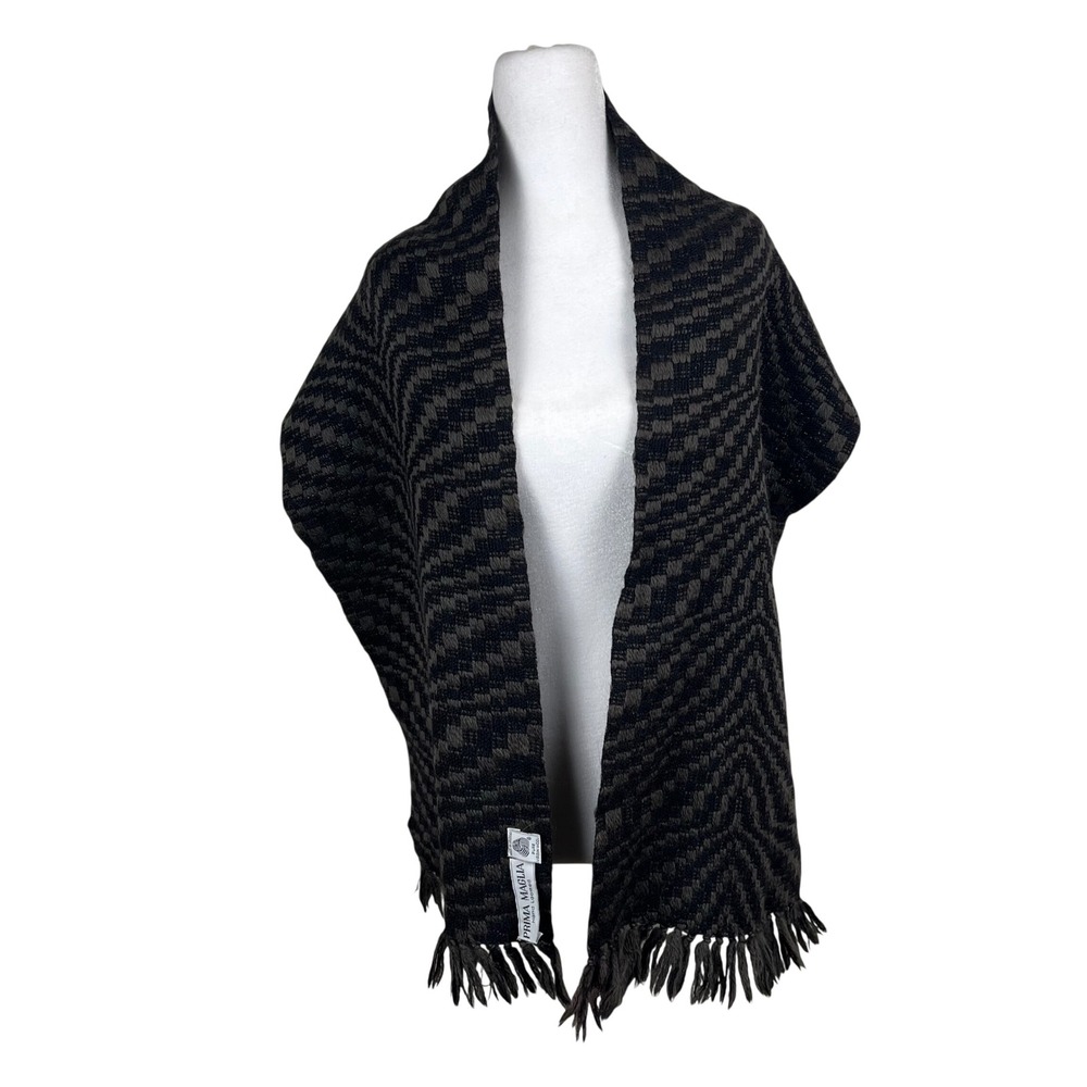 Prima Maglia Hand Loomed Pure Virgin Wool Scarf Uruguay Geometric Fringe Gray